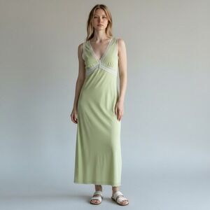 Midi‎ Slip Dress Womens S Green Lace Trim V-Neck Mesh Overlay Fairycore Romantic